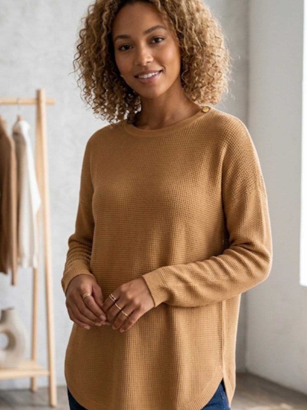 Michael Kors Waffle-Knit Crewneck Sweater - Camel Brown